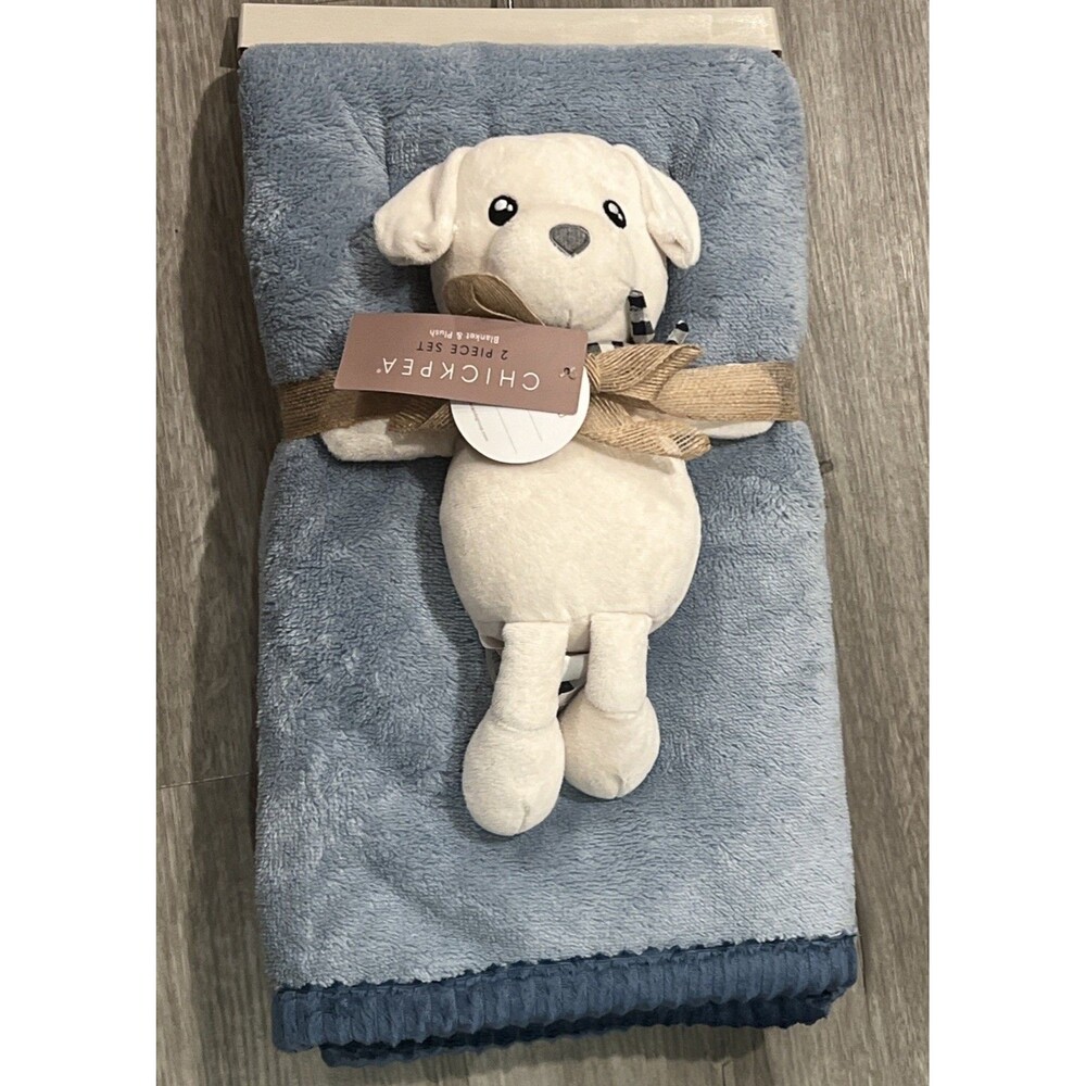 Chick Pea Baby Blanket Puppy Dog Plush Toy Set Ribbed Trim Blue New